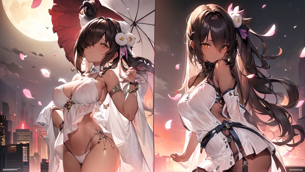 ((((Obra maestra, La mejor calidad, ultrahigh resolution)))), 1girl, standing,), ((long pure brown hair, hair over eye)), long hair cut, shiny skin, ((golden eyes)), glowing_eyes, neon eyes, (ultra detailed eyes:0.7, beautiful and detailed face, detailed eyes:0.9), ((centered)), smirk, facing viewer, ((vibrant background, dark lighting, summer, sunlight)), large chested, looking at viewer, ((half closed eyes)), ((perfect hands)), (((head:1, arms, hips in view, elbows, legs, in view))), ((hands behind back)), empty eyes, beautiful lighting, ((outside, outdoors)), defined subject, head tilt, (((gritty)), ((creepy)), ((cool)), ((beautiful)), (((SFW))), hair ornament, petals in the air, moon in the sky, city, mature woman, adult woman, sfw, pink and white dress, night dress, she is a princess, gal, dark skin, majesty, mistress