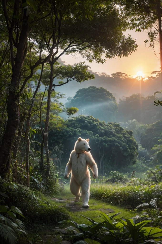 White bear walking in the jungle，strong，sad，whole body，Look into the distance，Sunset，forest，Japanese comic style，Unreal Engine，illustration，Wide-angle lens，Realistic details，Atmospheric one