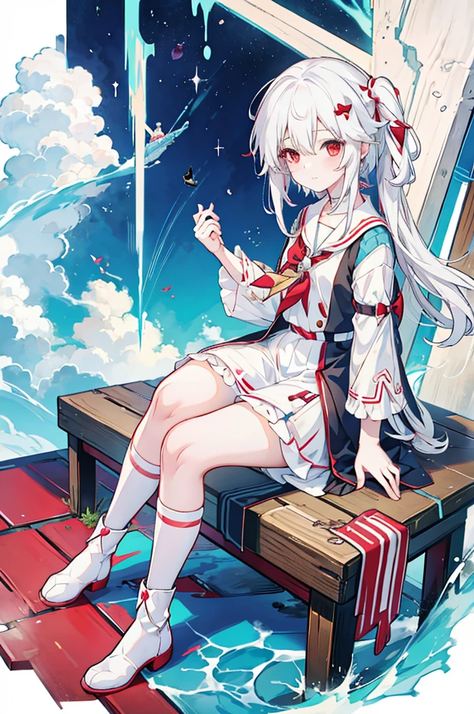 Anime Girls with white hair and red bow sitting on the ground, Sailor dress, Cute girl anime visuals, an Anime Girls, cute Anime Girls, , young Anime Girls, Anime Best Girl, (Anime Girls), pretty Anime Girls, White Hair Girl, beautiful Anime Girls, Anime Girls、White background、Full-body portrait、Brown boots、Red Eyes、Marine color dress、Knee-high socks