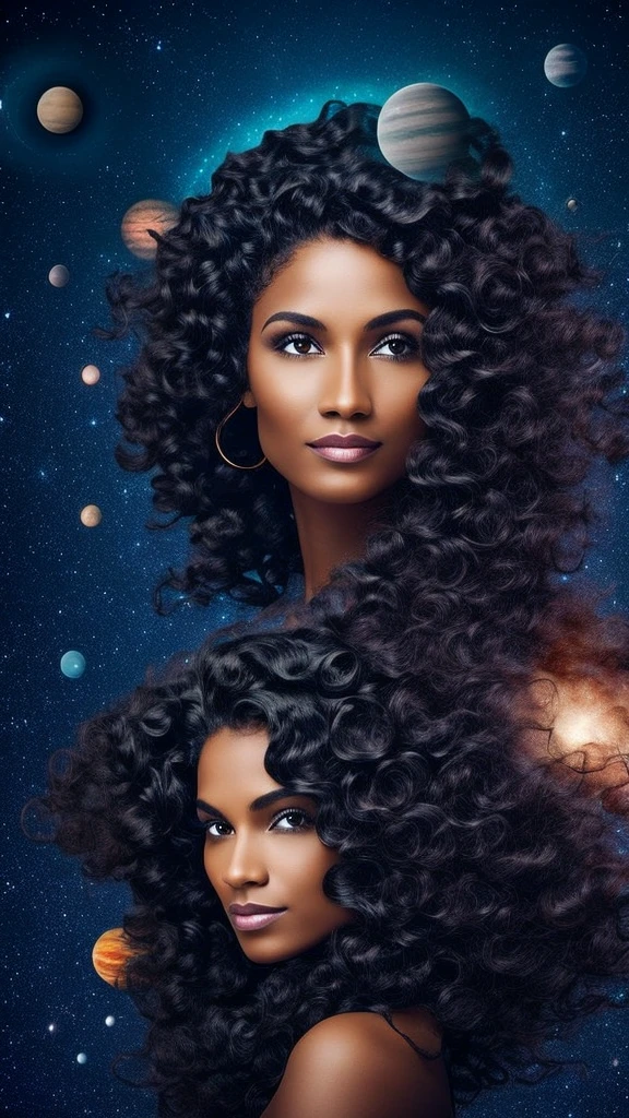 night, in the distance a phenomenal woman with hair like waves surrounded by planets