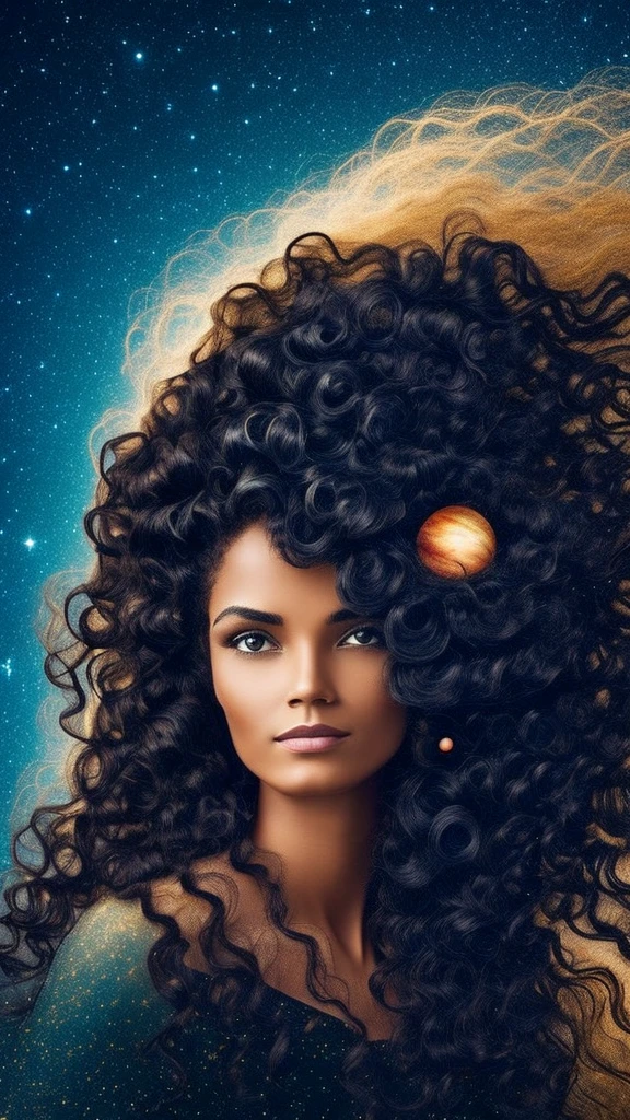 night, in the distance a phenomenal woman with hair like waves surrounded by planets