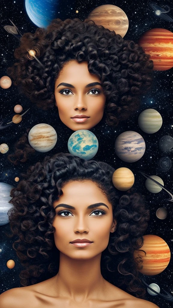night, in the distance a phenomenal woman with hair like waves surrounded by planets
