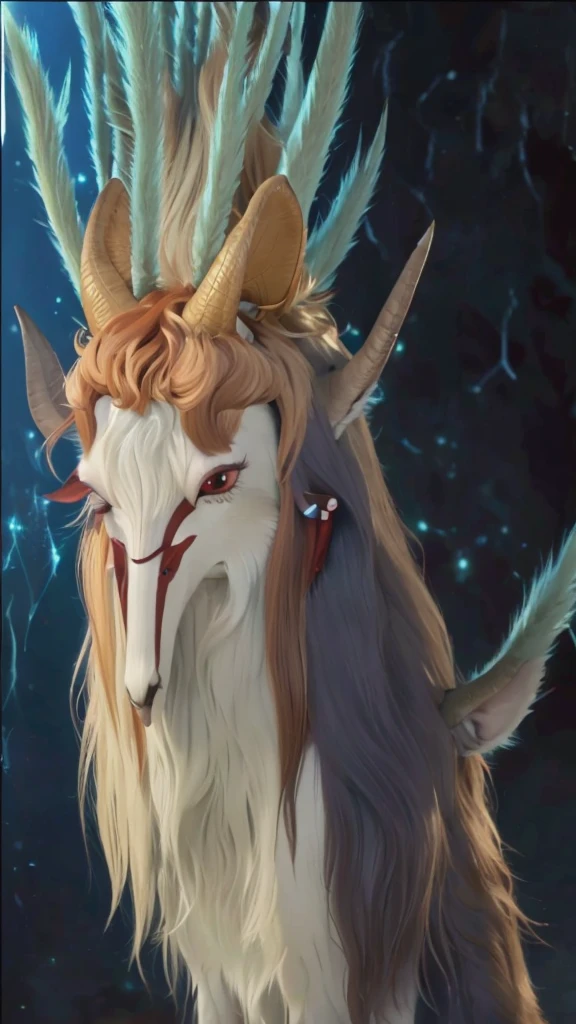 Animated image of a goat with horns and red eyes, princess Monster, Monster, princess Monster color scheme, studio ghibly style Monster, Studio Ghibli Anime Screenshots, From Studio Ghibli, Studio Ghibli movie stills, Ghibli anime style, Studio Ghibli anime films, Ghibli anime movies, Nine-Tailed Fox