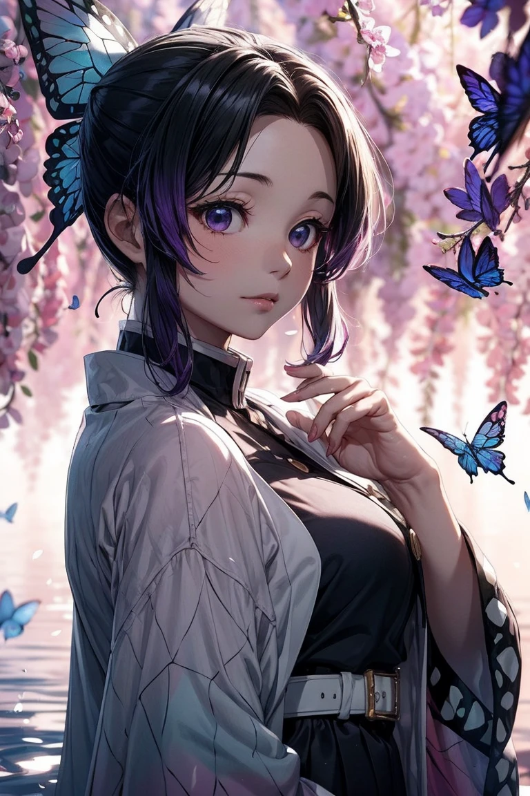 Highly detailed and high resolution masterpiece by Shinobu Kocho, Beautiful yet terrifying dynamic action from the Demon Slayer Corps. There were some butterflies in her voyeur., Highlight the intricate details of the butterfly-themed costume and the intense expressions on the face. Set the scene at dusk, A calm lake and cherry blossom petals in the background. Using rich colors and three-dimensional light、Expressing mysterious beauty and strength。.
