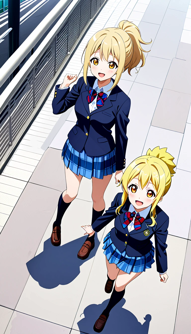 miyashita ai, love live! nijigasaki high school, blonde hair, orange eyes, bangs, sidelocks, ponytail, medium hair, medium breasts , otonokizaka winter uniform, red striped bow tie, navy blue blazer, blue striped skirt,socks,loafers,walking in odaiba city,from above :d, (1girl), (solo),BREAK score_9, score_8_up, score_7_up, score_6_up, source_anime