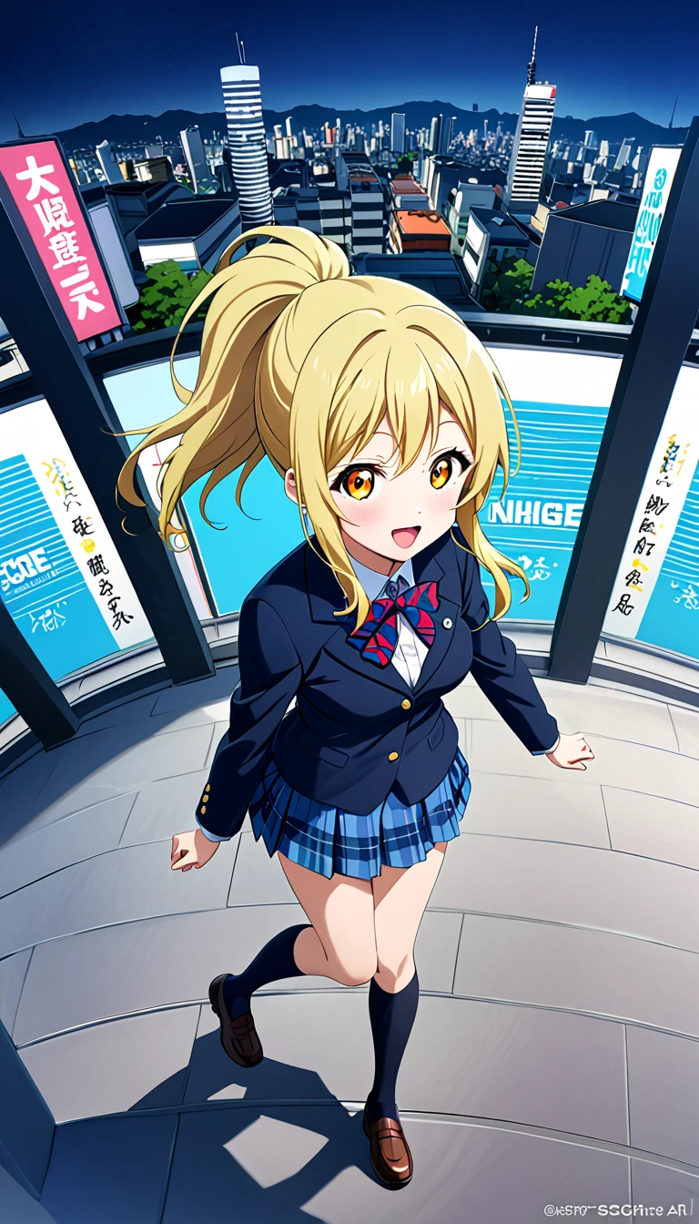 miyashita ai, love live! nijigasaki high school, blonde hair, orange eyes, bangs, sidelocks, ponytail, medium hair, medium breasts , otonokizaka winter uniform, red striped bow tie, navy blue blazer, blue striped skirt,socks,loafers,walking in odaiba city,from above :d, (1girl), (solo),BREAK score_9, score_8_up, score_7_up, score_6_up, source_anime 