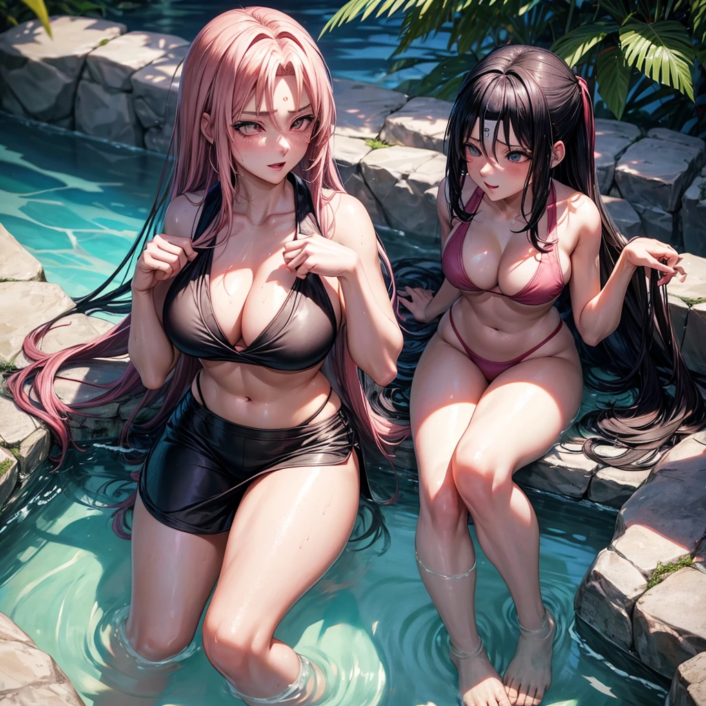 tsunade,hinata(long black hair) e sakura(short pink hair)(naruto) in a sensual bikini coming out of a wet pool +18