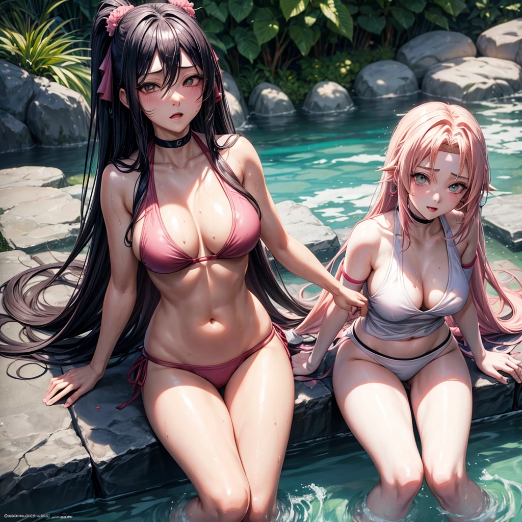 tsunade,hinata(long black hair) e sakura(short pink hair)(naruto) in a sensual bikini coming out of a wet pool +18