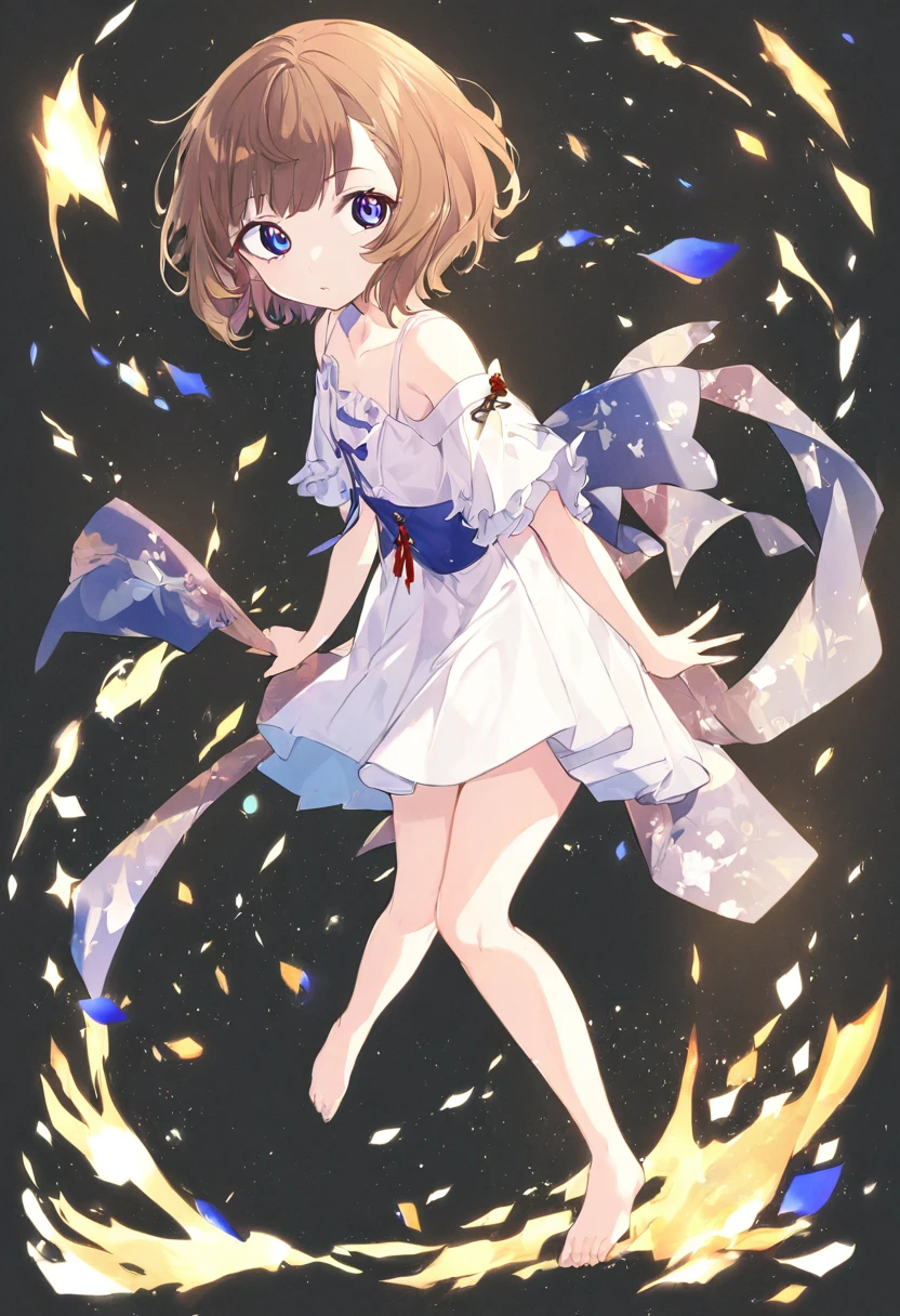 a girl, brown hair, short wave hair, big eyes, indigo eyes, white background, full body