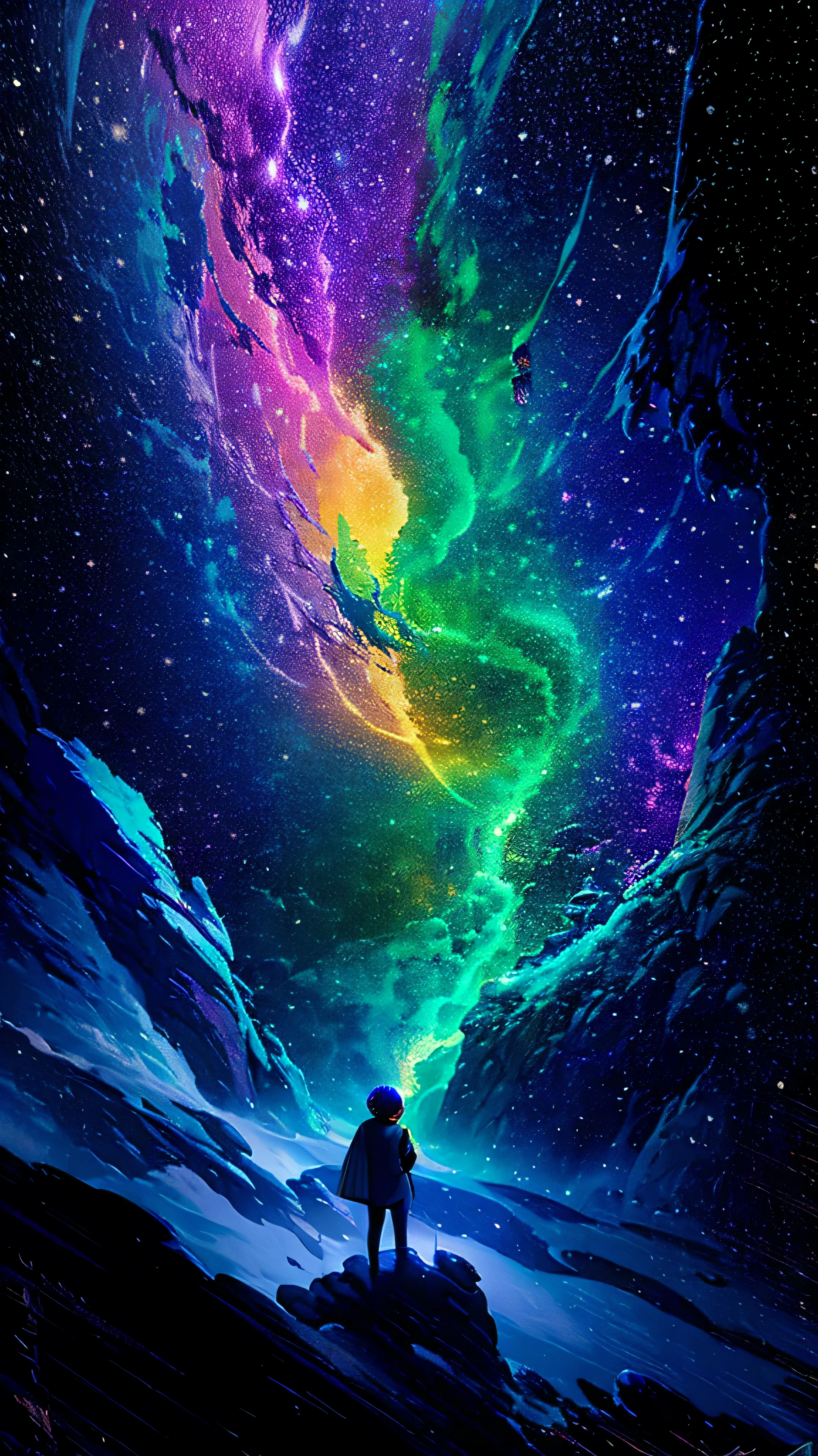 Starry Saturn among the nebulae, The tip of a cliff jutting into the sky, Yellow and white flowering tree, (Ultra-realistic), {Highly detailed 8k CG unit wallpaper}, expansive landscape photography, (A low perspective that prioritizes the characters and the setting, (Wide field view), (Low angle shot), (highlight: 1.5), (Low Light: 1.0), (Warm light source: 1.0), Intricate details, (Iridescent colors: 1.5), (Bright lighting), (Atmospheric lighting), Surreal, Magic, landscape
