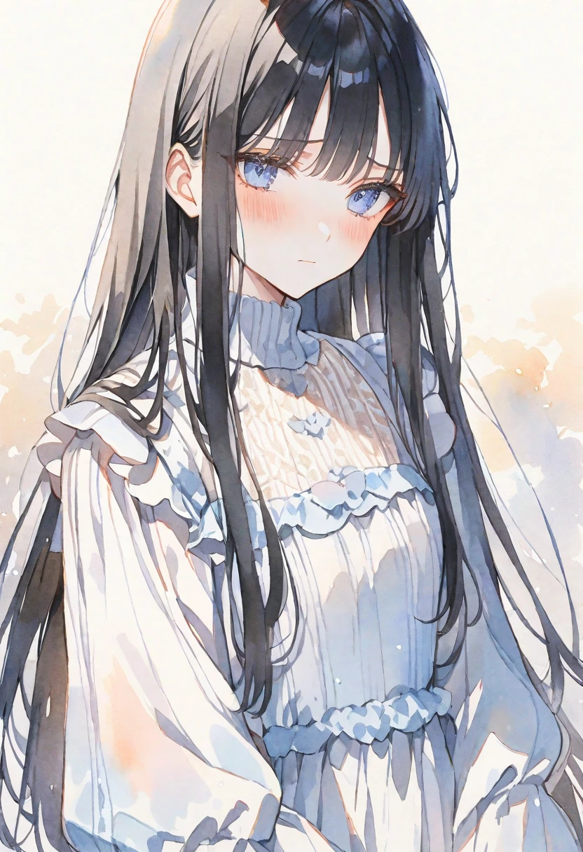 solo, handsome, Watercolor,
1. Female,
Straight Hair,Long Hair,
black hair,
light blue Eyes,Soft look,Lolita,
black ワンピース,Thin knit,
skin,Embarrassed,
虹 background,