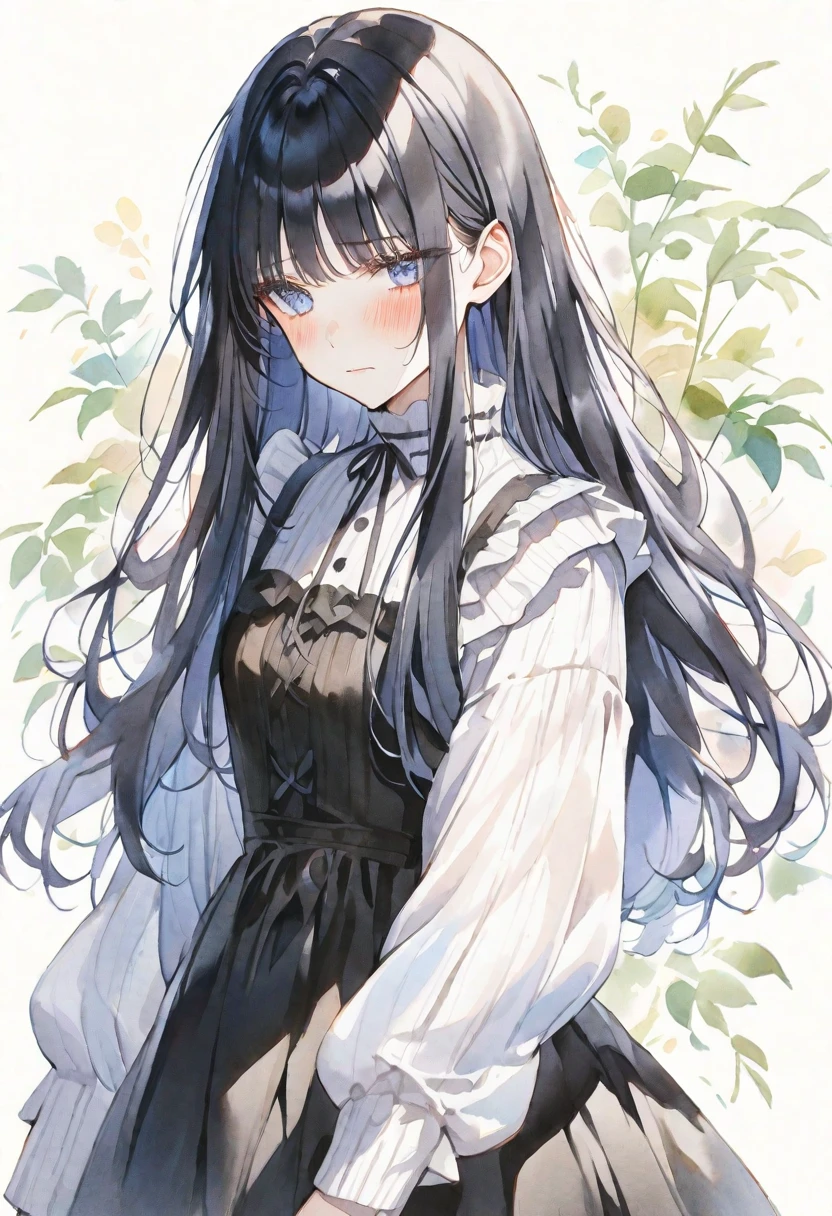 solo, handsome, Watercolor,
1. Female,
Straight Hair,Long Hair,
black hair,
light blue Eyes,Soft look,ta,
black ワンピース,Thin knit,
skin,Embarrassed,
虹 background,