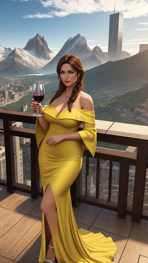 Beautiful Lara Croft, auburn blonde, wearing a yellow off-the-shoulder gown, holding a glass of red grape wine, standing at a luxury skyscraper restaurant, village background and high mountains during the day.,3D,18k,full body, ultra fine details.