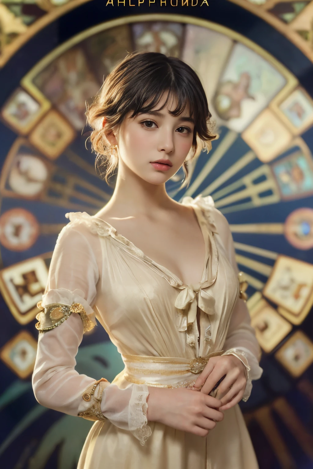 
((masterpiece:1.4, Highest quality)), (Realistic photos:1.4), (artwork),
((1 Girl)), (Otherworldly beauty), (dream-like),
(超High resolution:1.2), Very delicate and beautiful, wonderful, Very detailedな CG Unity 8k 壁紙, Very detailed, High resolution, 
Soft Light, Beautiful detailed girl, Very detailedな目と顔, Beautiful and exquisite nose, Beautiful and exquisite, 
(Dressed in early 20th century French costume:1.3),
Cinema Lighting, Perfect Anatomy, Slender body, (Parted bangs),
(Portrait of a Girl by Alphonse Mucha:1.5), (Abstract Background), (Designed picture background),
Cowboy Shot