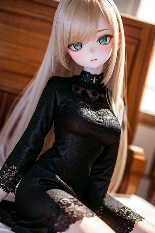 photorealistic, realistic photo, ((highest quality)), ((masterpiece)), (extremely detailed), kukolnydom, doll, (mature woman:1.7), solo, eye level shot, sitting on sofa, green eyes, (looking down, blank eyes, empty eyes, detailed eyes:1.3), light smile, dress, museum, 8k