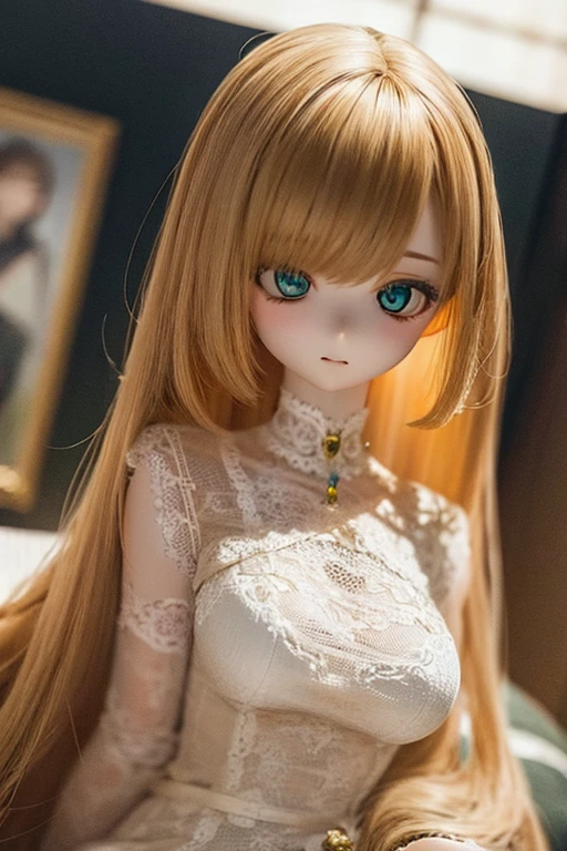 photorealistic, realistic photo, ((highest quality)), ((masterpiece)), (extremely detailed), kukolnydom, doll, (mature woman:1.7), solo, eye level shot, sitting on sofa, green eyes, (looking down, blank eyes, empty eyes, detailed eyes:1.3), light smile, dress, museum, 8k