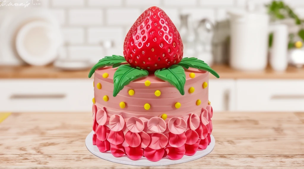 in the kitchen, on a wooden table, on a porcelain plate, a tiny pink cream cake, the bottom is decorated with cream petals, on top of the cake is a polymer clay candy in the form of a strawberry with leaves, the cake is decorated with tiny yellow dragee candies, bright lights, soft light, window light, professional lighting, light from the window, neat light, realistic texture, realistic style, detailed texture, high quality, high resolution, high quality rendering, realistic photo, brightning light, macro photo, 4k ultra HD