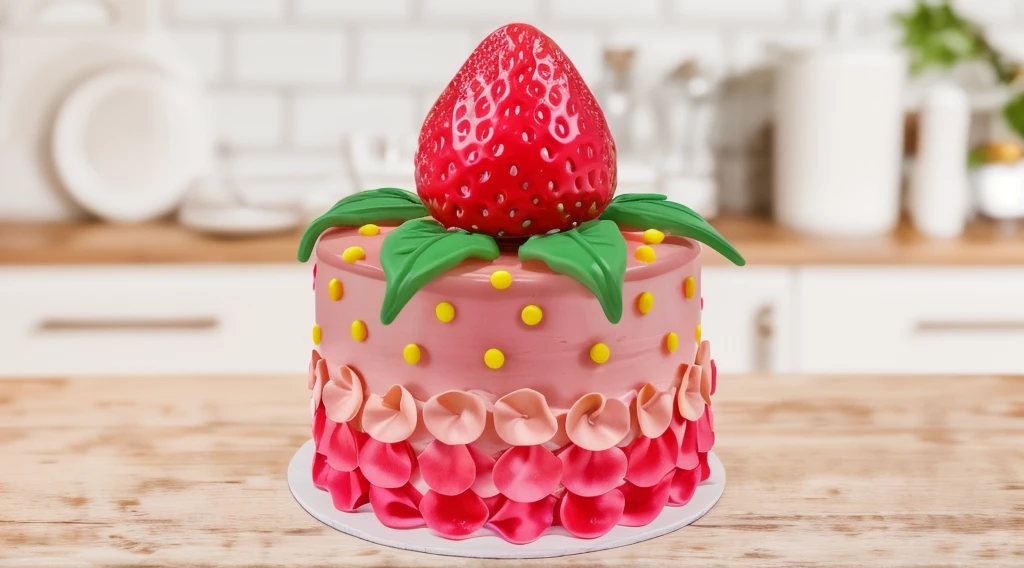 in the kitchen, on a wooden table, on a porcelain plate, a tiny pink cream cake, the bottom is decorated with cream petals, on top of the cake is a polymer clay candy in the form of a strawberry with leaves, the cake is decorated with tiny yellow dragee candies, bright lights, soft light, window light, professional lighting, light from the window, neat light, realistic texture, realistic style, detailed texture, high quality, high resolution, high quality rendering, realistic photo, brightning light, macro photo, 4k ultra HD
