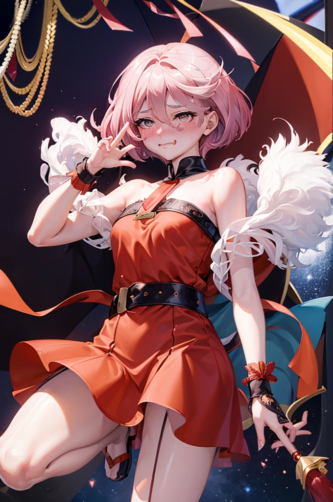 peace sign,(masterpiece, best quality), intricate details, 1girl, megumin, short hair, dress, red dress, hat, witch hat, belt indoors,ahg rolling eyes tongue((((blush)))),(cleatched teetch)