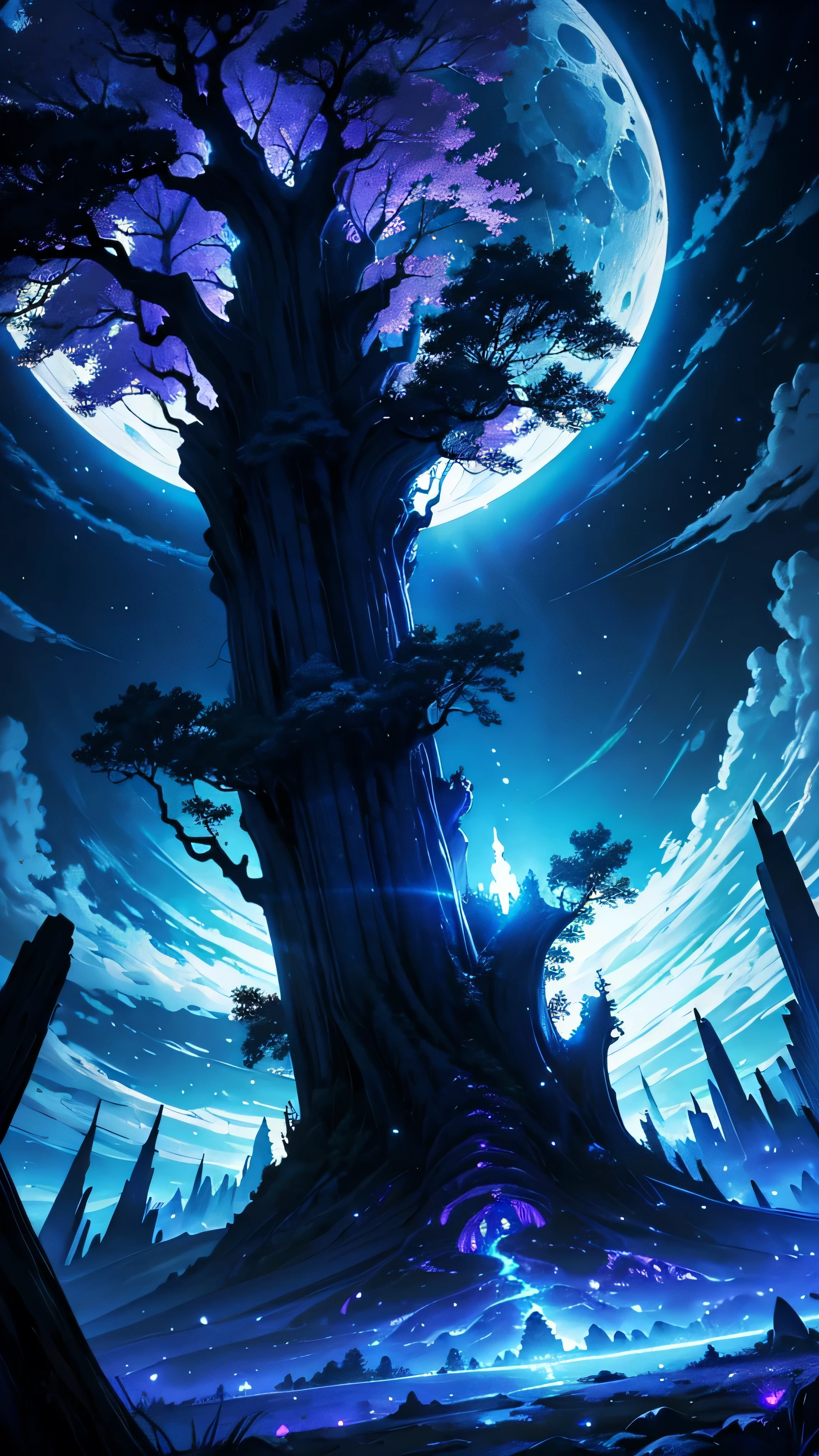 blue Moon,Light hits the tree,Dynamic Angle,Wide-angle,The sky is shining blue and purple,Fantasy,Fantasy,Eerie Darkness,Landscape painting