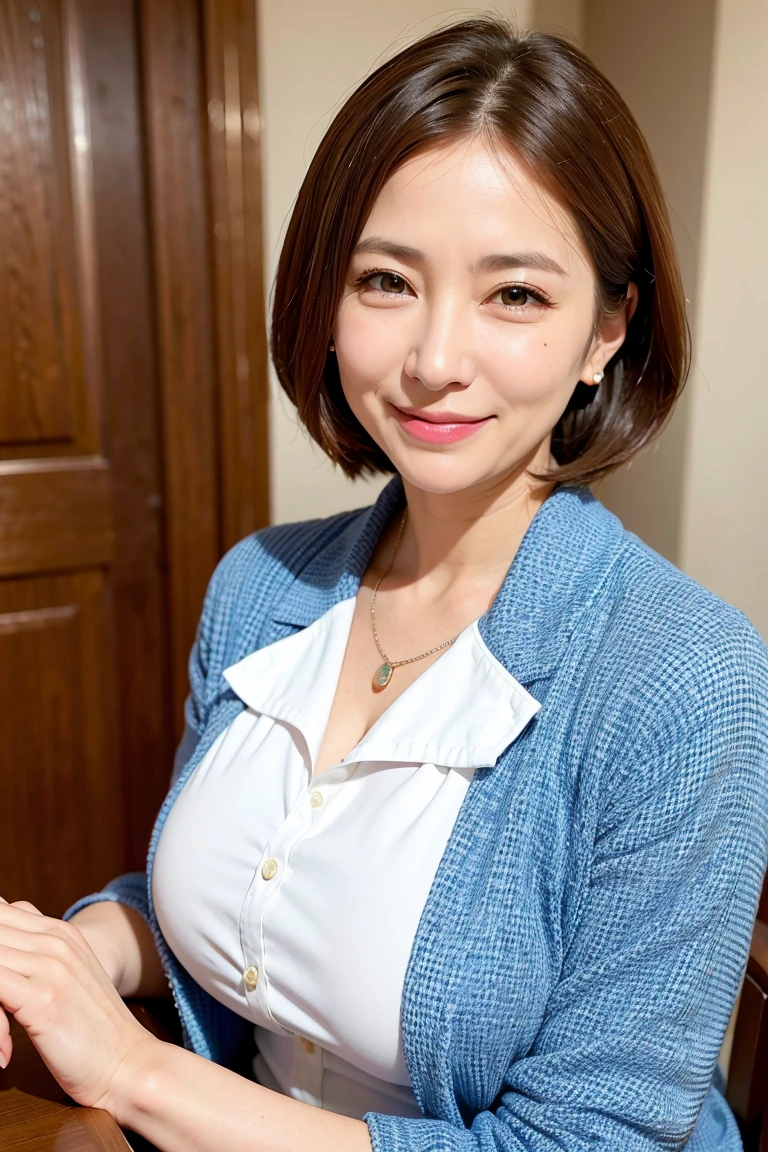Mature Woman , Highest quality, employment, Detailed face , blouse , smile