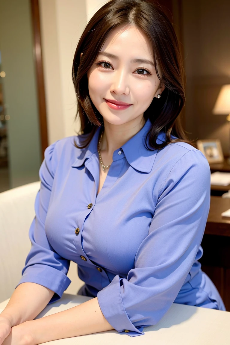 Mature Woman , Highest quality, employment, Detailed face , blouse , smile
