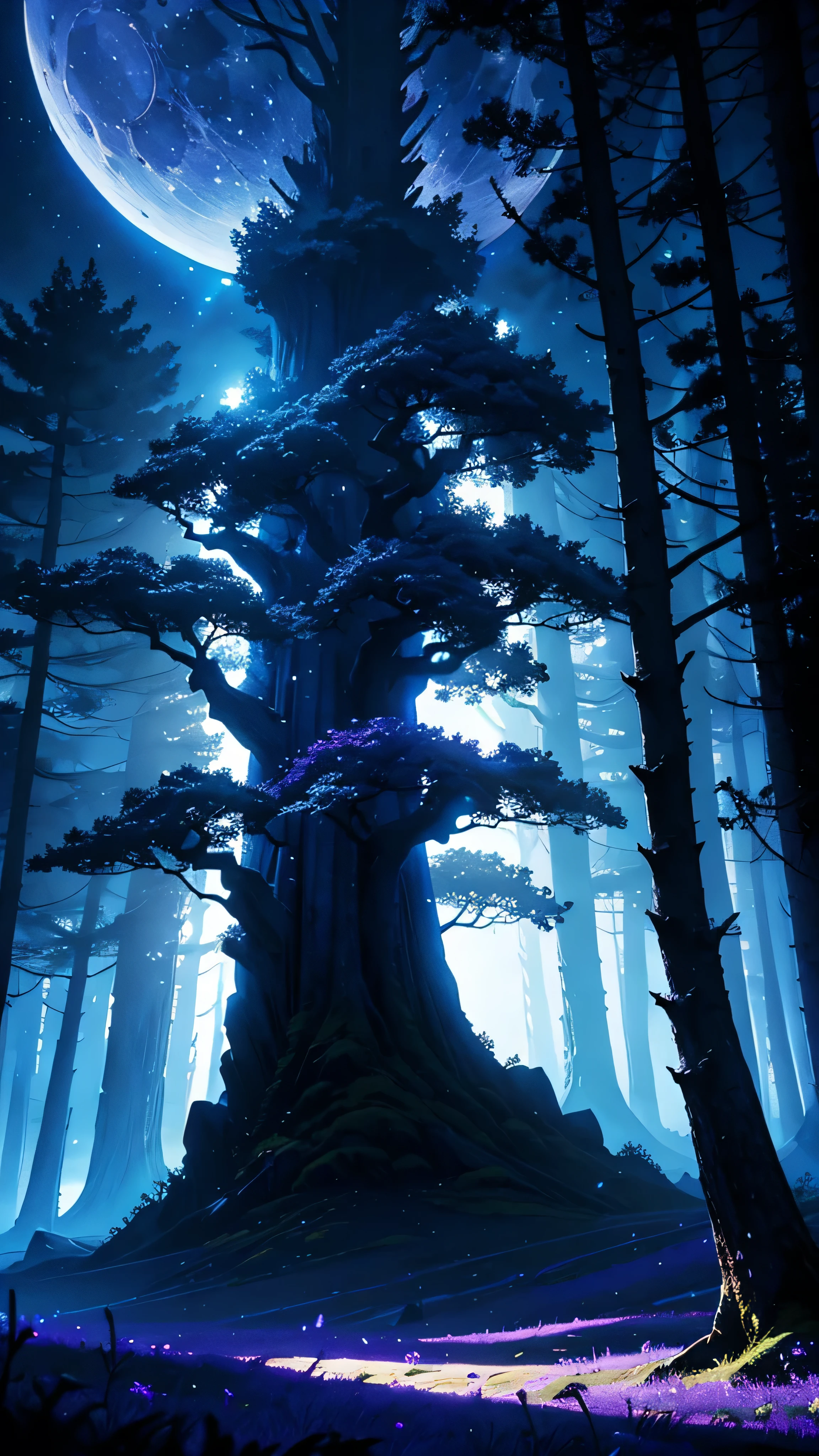 blue Moon，Light hits the tree，Dynamic Angle，Wide-angle，The sky is shining blue and purple，Fantasy，Fantasy，Eerie Darkness，Landscape painting