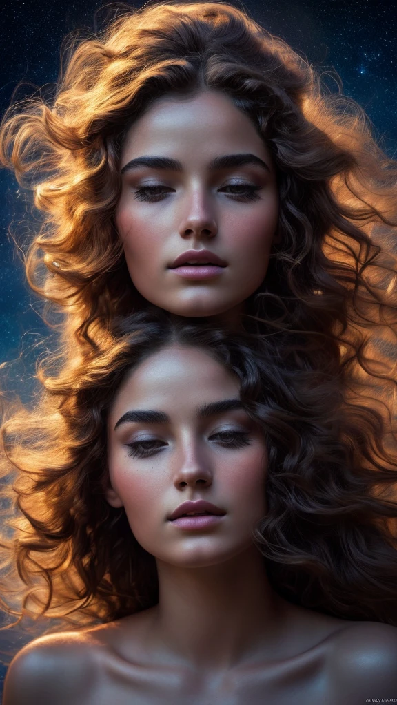 a phenomenal woman with hair like waves, surrounded by planets, stunning night sky, detailed facial features, beautiful eyes, detailed lips, long eyelashes, elegant pose, serene expression, intricate celestial background, glowing planets, ethereal lighting, vibrant colors, (best quality,4k,8k,highres,masterpiece:1.2),ultra-detailed,(realistic,photorealistic,photo-realistic:1.37),cinematic composition,dramatic chiaroscuro,digital art