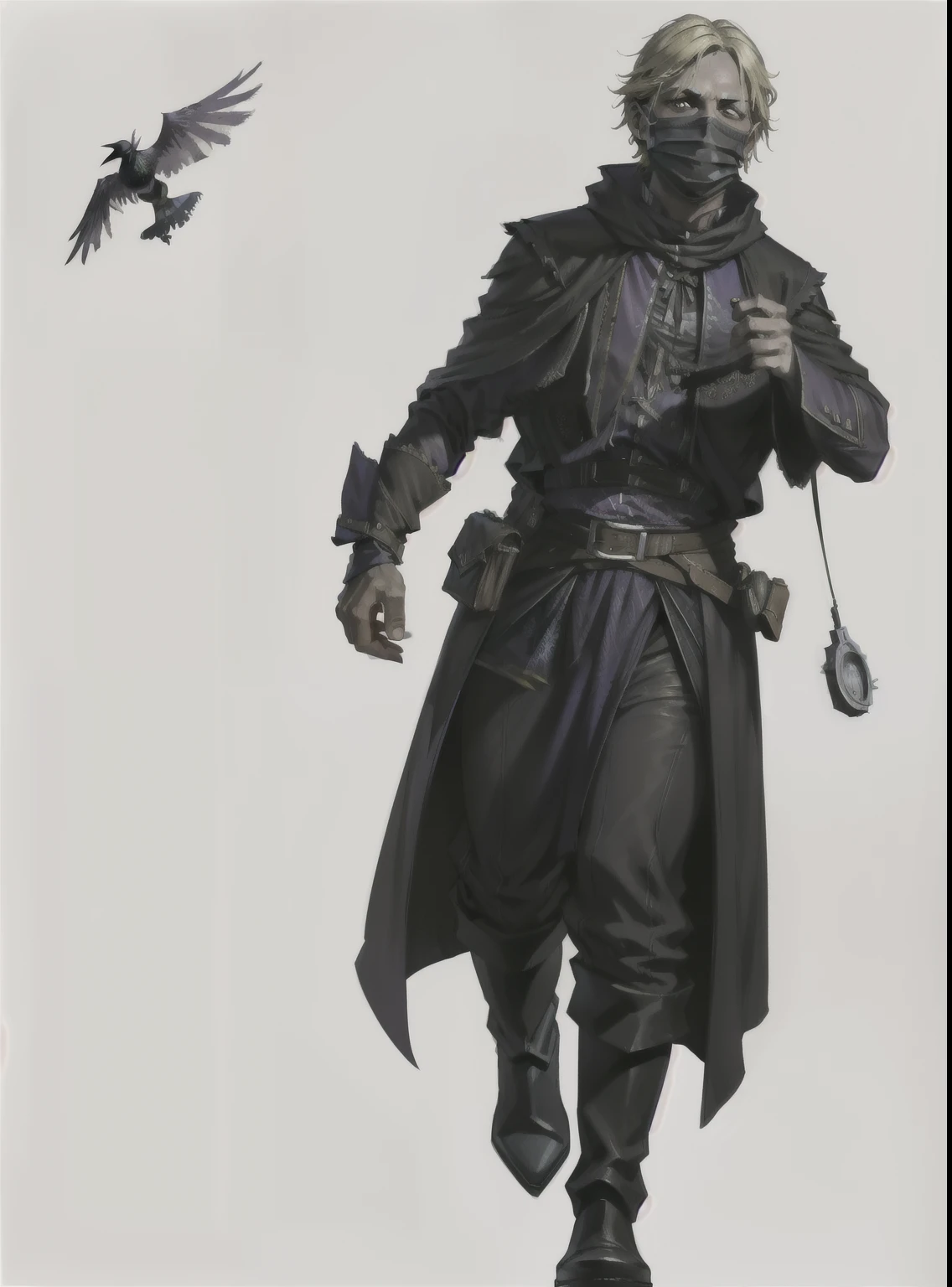 I want a character with a white background, png, Full body image, a jester, Doctor in black plague clothes and black plague mask, looking like a raven, with rags and a medicine kit in his hand, blond hair and black skin , black clothes and long boots.