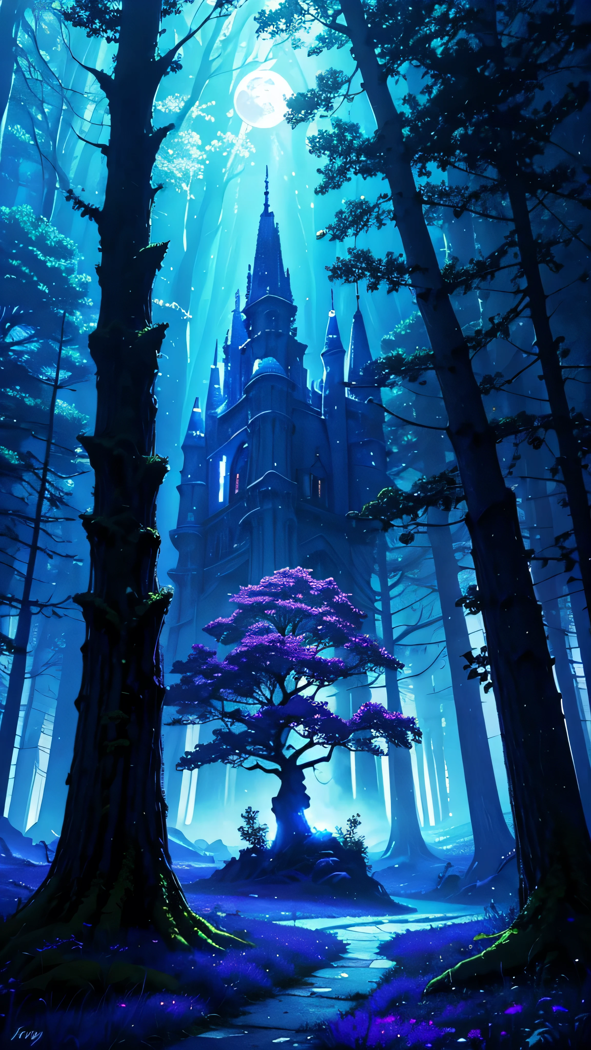blue Moon,Light hits the tree,Dynamic Angle,Wide-angle,The sky is shining blue and purple,Fantasy,Fantasy,Eerie Darkness,Landscape painting