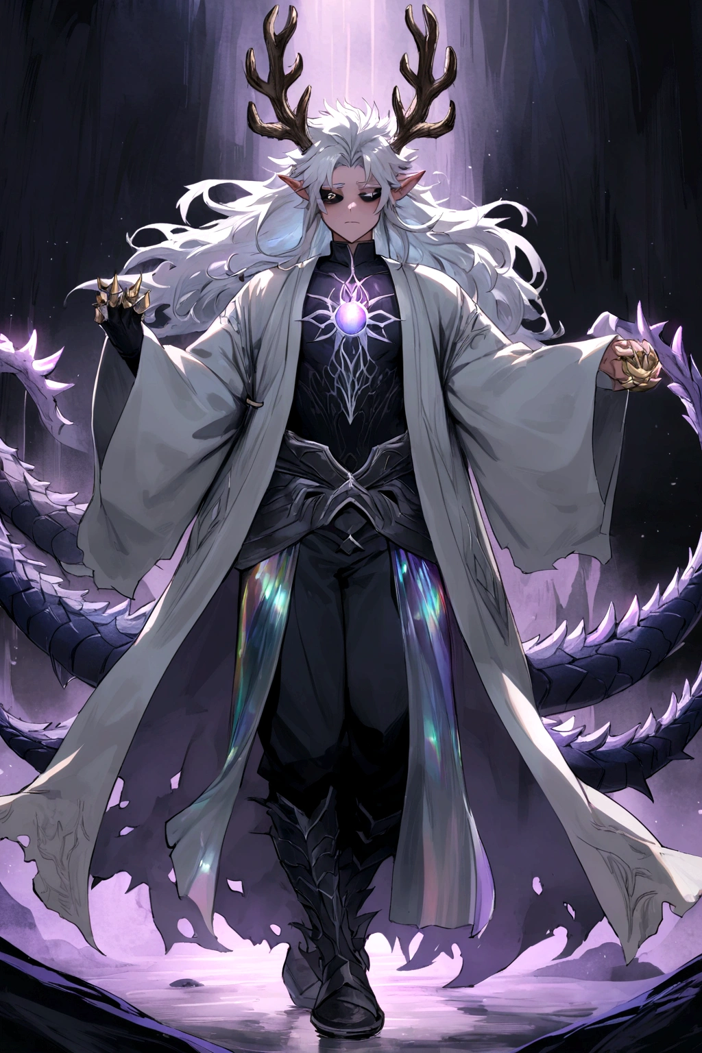 Solo, male teen, Character fusion: Nibelung fused with nidhoggr, odin and sun wukong, tall tanned man with wild unruly white hair, bangs on face, bangs, ((iridescent irises)), black sclera on eyes, long voluminous hair, spiky hair, pointy ears, fit , clawed fingers, dragon tail, open haori, turtleneck tanktop, dark crystal antlers, exhausted expression, khaenr'ah abyss, draconic person, calamity incarnate, full body