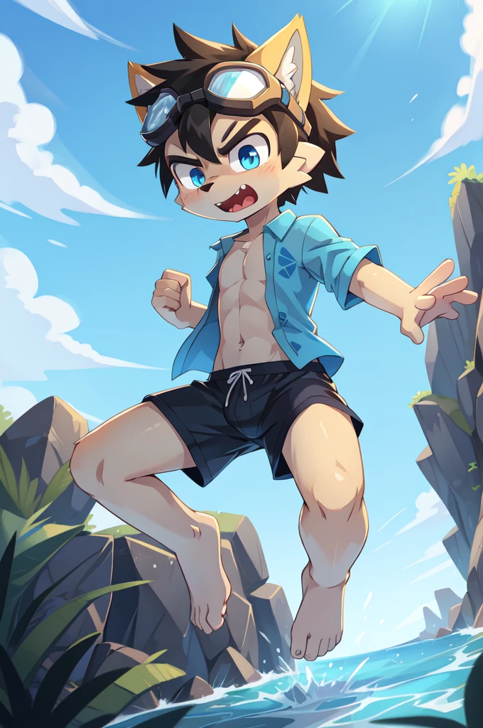 score_9,score_8_up,score_7_up, source_cartoon, source_furry, Furry shota, young, wolf, black hair, long spiky ponytail, blue eyes, detailed body fur, ((goggles, blue hawaiian shirt, open clothes, one shoulder off, black swim trunks)), looking at another, fangs, clear grey body fur, detailed face, big eyebrows, detailed eyes, detailed body, detailed body fur, detailed hands, glistering body, shiny body, skinny, uperbody, solo, skinny, running, kick towards viewer, angry expression, glowing blue eyes, outdoors, from above, fight, dynamic action shot, speed lines, motion blur, Birds Eye view, fighter pose, feet focus, barefoot, feet with three toes, high kick,