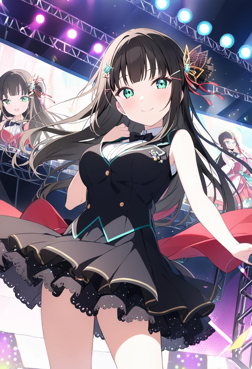 dia kurosawa, long hair, bangs, black hair, hair ornament, green eyes, sidelocks, hairclip, blunt bangs, , live stage, large Breasts, Formal dress smile solo
