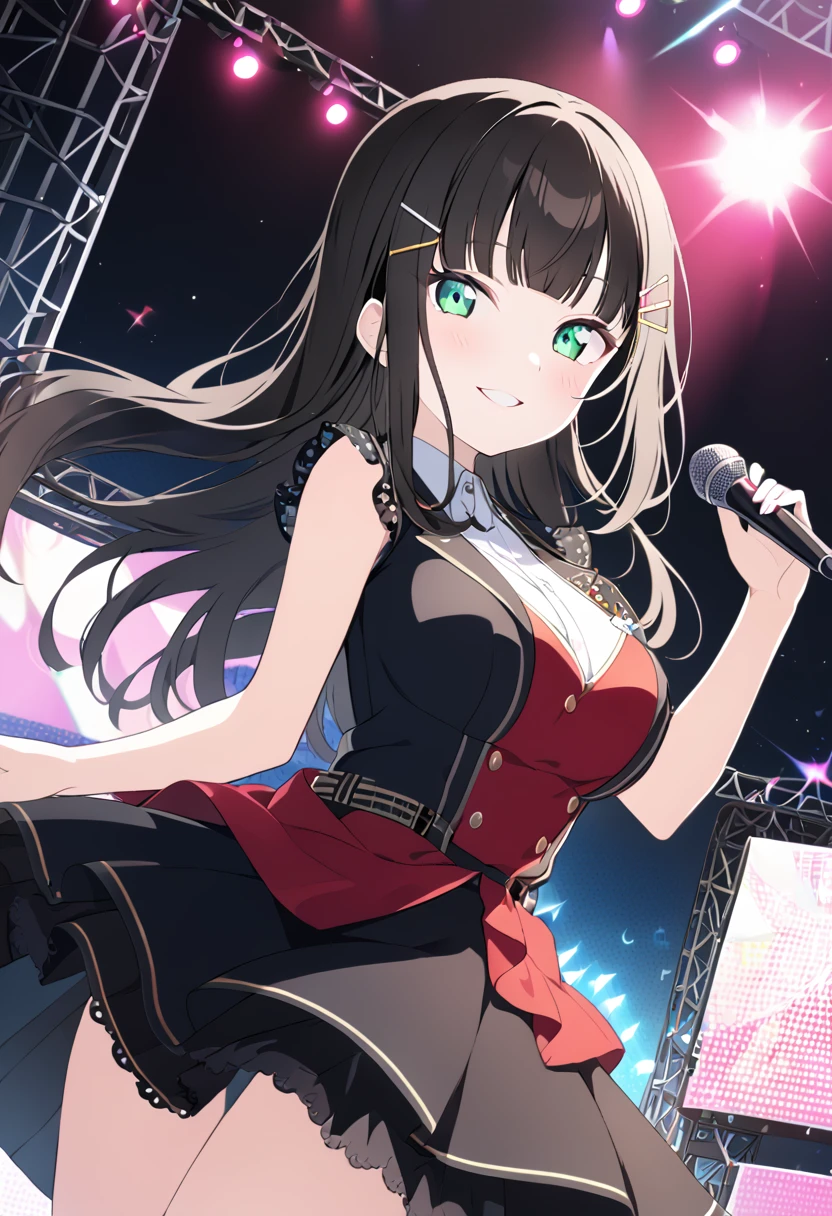 dia kurosawa, long hair, bangs, black hair, hair ornament, green eyes, sidelocks, hairclip, blunt bangs, , live stage, large Breasts, Formal dress smile solo