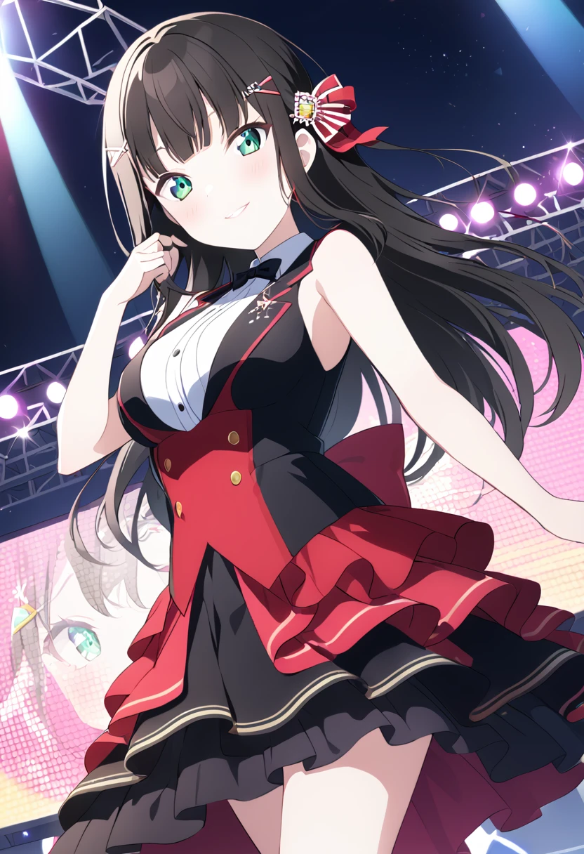  dia kurosawa, long hair, bangs, black hair, hair ornament, green eyes, sidelocks, hairclip, blunt bangs, , live stage, large Breasts, Formal dress smile　solo

