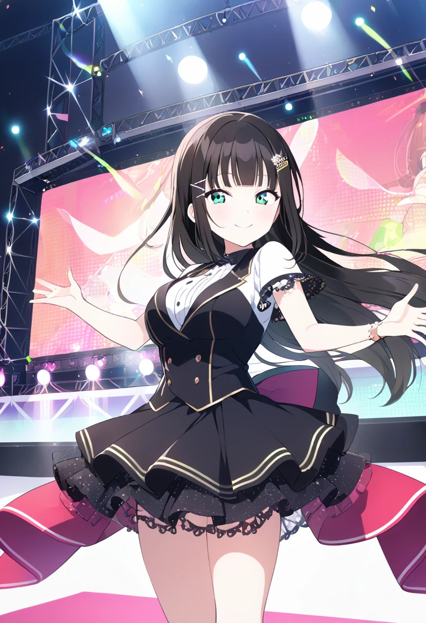  dia kurosawa, long hair, bangs, black hair, hair ornament, green eyes, sidelocks, hairclip, blunt bangs, , live stage, large Breasts, Formal dress smile　solo

