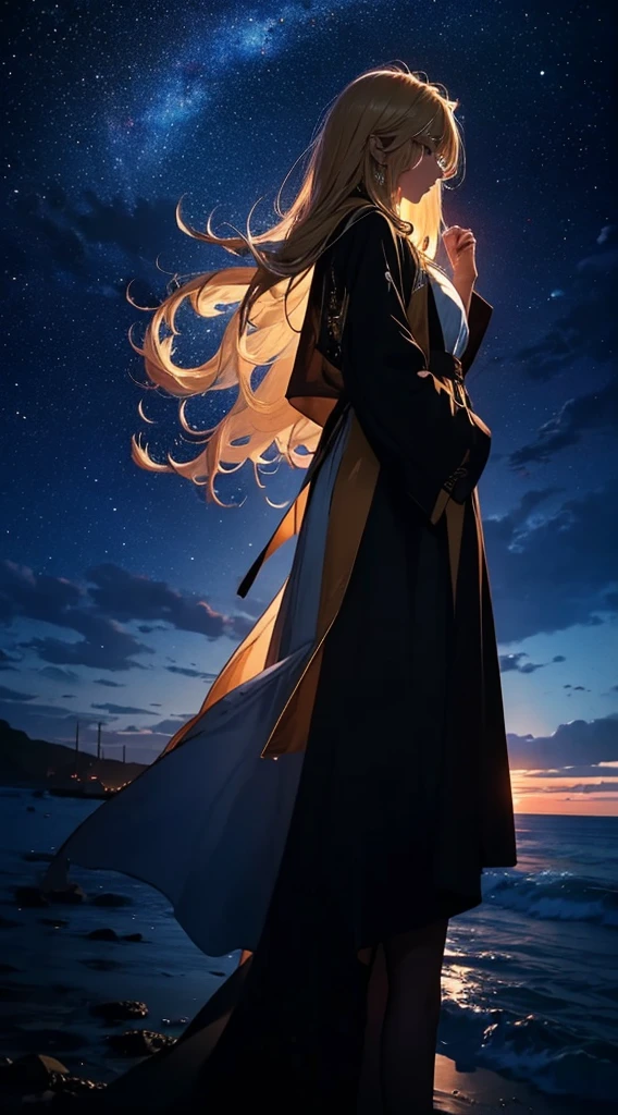1people々,Blonde long-haired woman,Long coat, Dress Silhouette, Rear View,Raise your hand to grab something,Space Sky, The boundary between sea and space,
