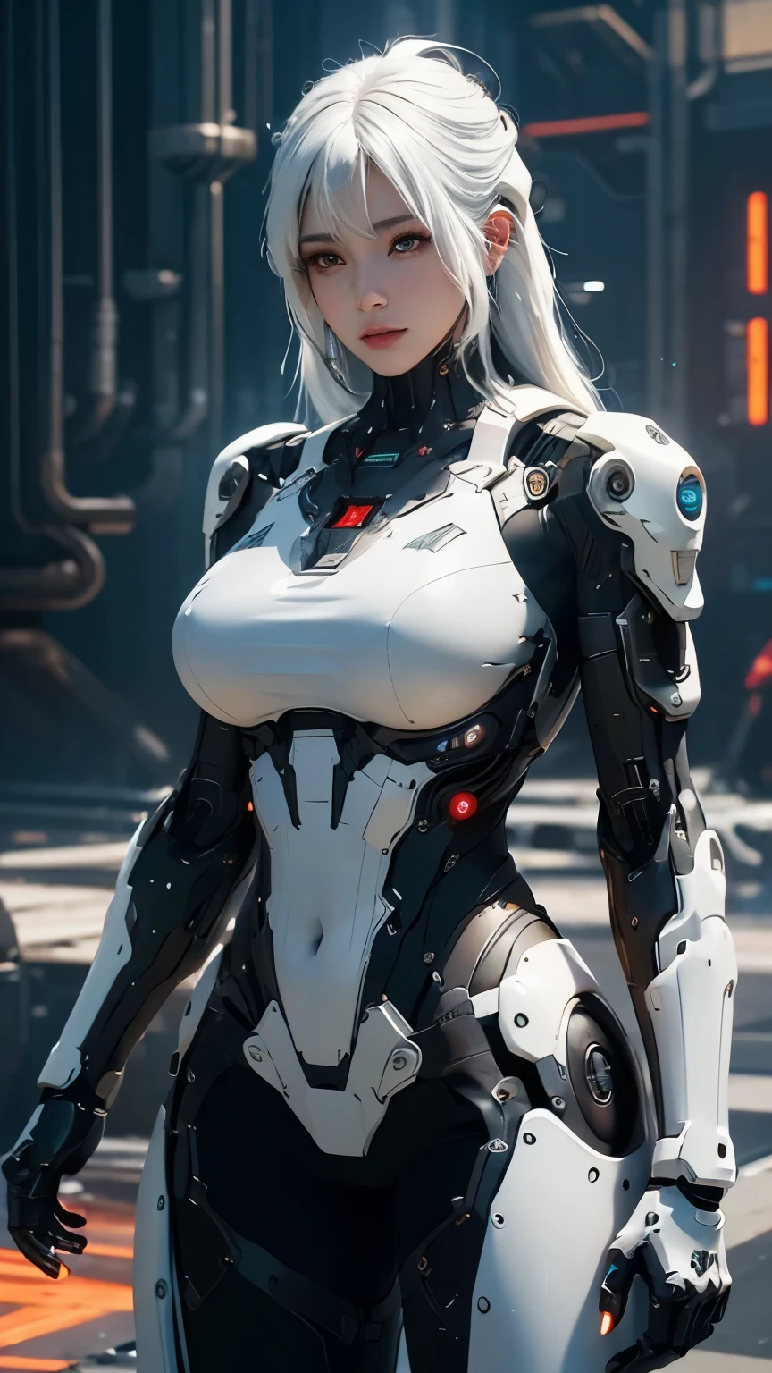 very big tits ((Masterpiece, The best quality)), illustration, 8K ultra detailed, realist, clear focus, Highly detailed, Pro Lighting, White details, Rainbow Color BREAK, Factory Long Rise, large mechanical robot structure, microchip, computer, ((glow)), intricate details, shitu-mecha, 1girl, mecha, belly button, color image, (Cyberpunk), (all white hair: 1.2)  , unreal engine 4,spiderman look,big tits
