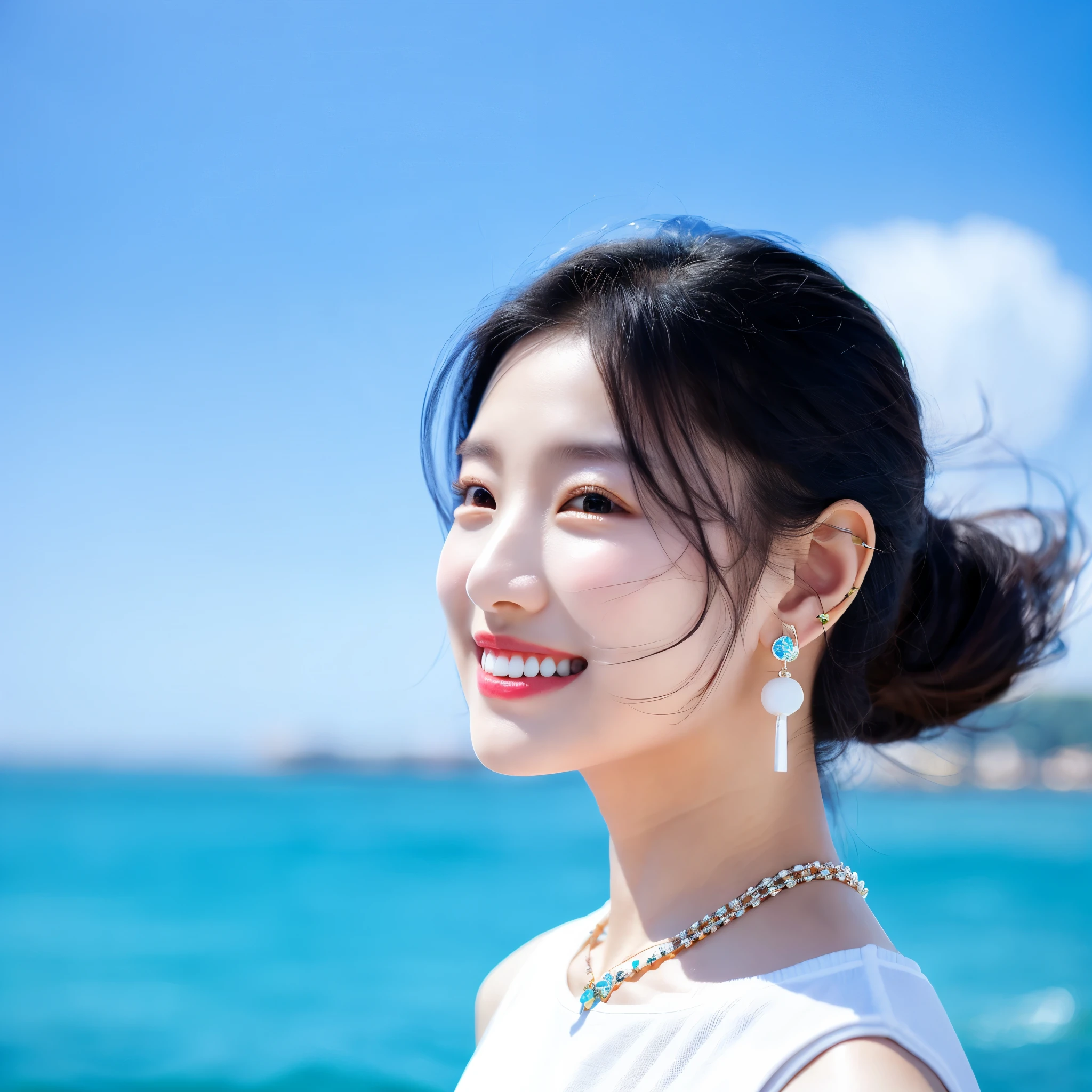 a girl wearing tiny blue sample earring, At the beach, sea, blue sky, sea breeze, half body shoot, Korean, KPOP, happy smile, group, white skin, black hair, jewelry, commercial advertising, white background, laser gradient background, subsurface scattering effect