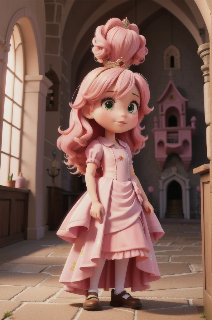 st1tch wearing a pink princess dress, in front of a castle