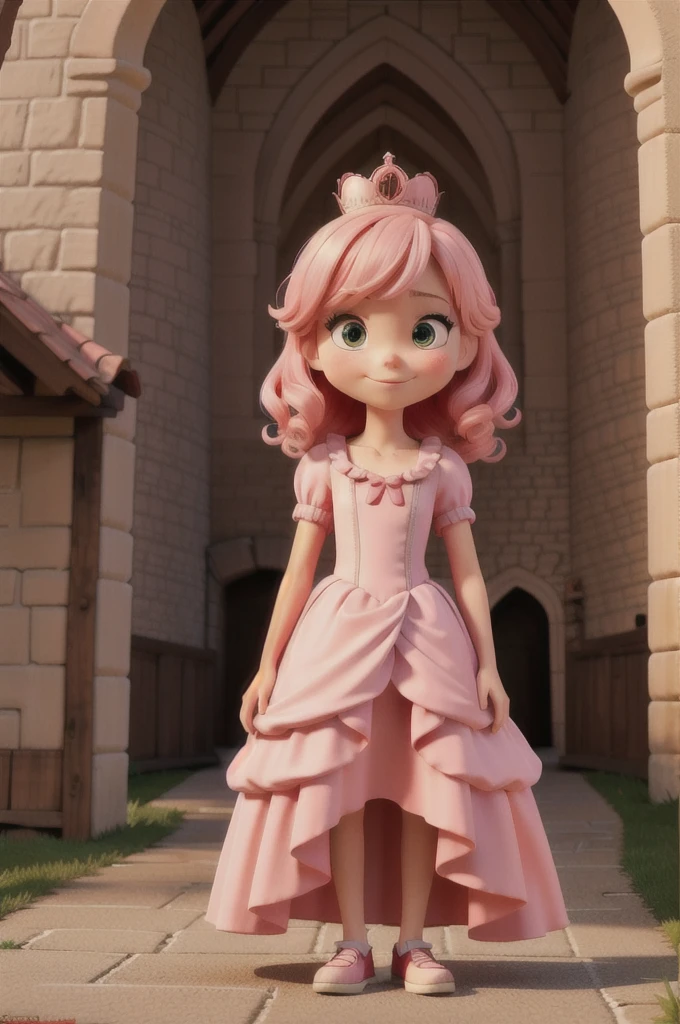 st1tch wearing a pink princess dress, in front of a castle