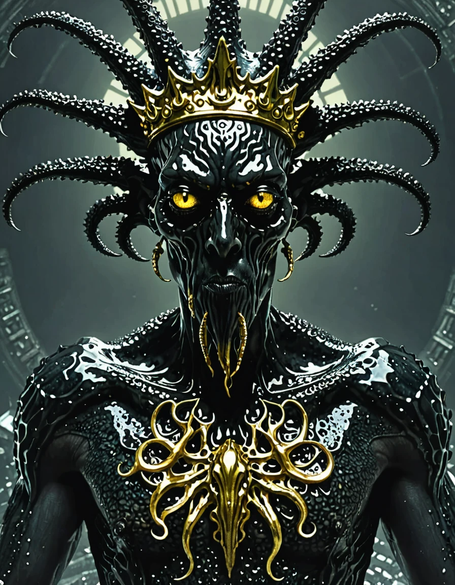 dark fantasy. Cthulhu-like man. squid head. Her accessories include a sparkly crown and a shiny gold plasma black body cover.. black skin. Medium shot photography. eyes shining, lens flares, fisheye lenses, perfect composition, beautiful, detailed, intricate, increíblemente detailed, octane rendering, trend on Artstation, 8k art photography, Photorealistic concept art, Soft natural volumetric cinematic perfect light., chiaroscuro, award-winning photography.