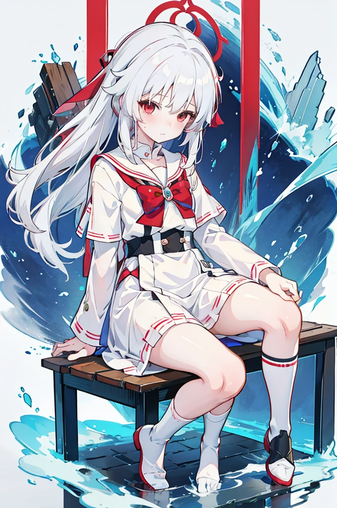 Anime Girls with white hair and red bow sitting on the ground, Sailor dress, Cute girl anime visuals, an Anime Girls, cute Anime Girls, , young Anime Girls, Anime Best Girl, (Anime Girls), pretty Anime Girls, White Hair Girl, beautiful Anime Girls, Anime Girls、White background、Full-body portrait、Brown boots、Red Eyes、Marine color dress、Knee-high socks