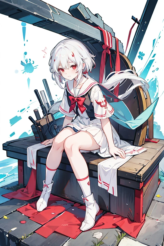 Anime Girls with white hair and red bow sitting on the ground, Sailor dress, Cute girl anime visuals, an Anime Girls, cute Anime Girls, , young Anime Girls, Anime Best Girl, (Anime Girls), pretty Anime Girls, White Hair Girl, beautiful Anime Girls, Anime Girls、White background、Full-body portrait、Brown boots、Red Eyes、Marine color dress、Knee-high socks