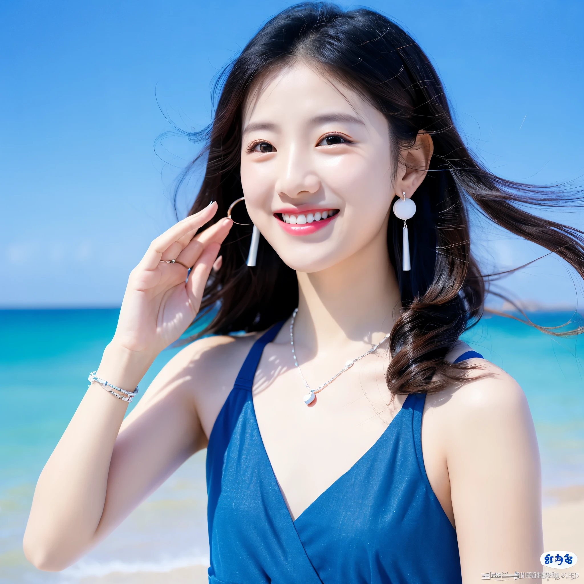a girl wearing tiny blue sample earring, At the beach, sea, blue sky, sea breeze, half body shoot, Korean, KPOP, happy smile, group, white skin, black hair, jewelry, commercial advertising, white background, laser gradient background, subsurface scattering effect