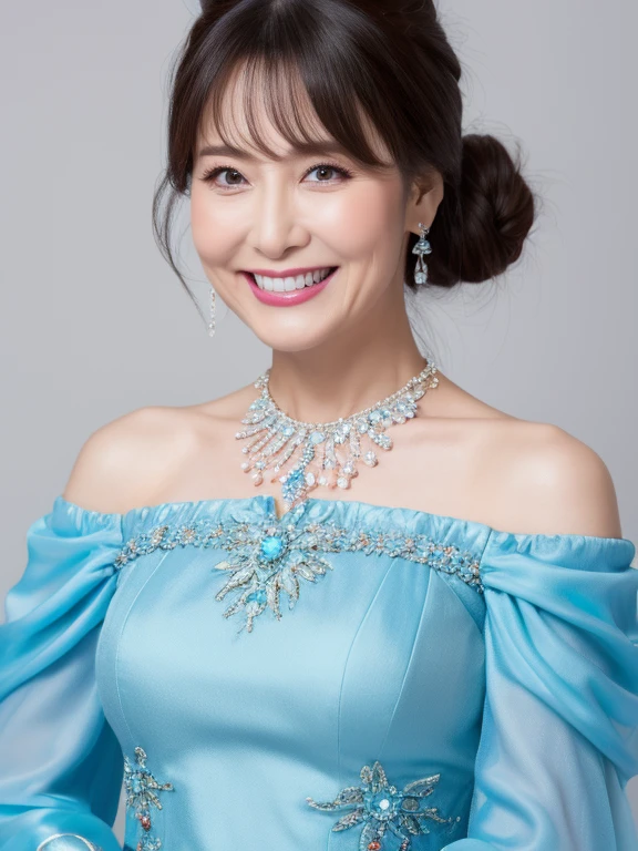 (Solo:1.3),8K, Best quality, Masterpiece, Realistic, Super detail, f/1.2, 85mm, Nikon, Smiling woman with bun hair, Natural makeup, 65 years old beautiful asian woman, young face, blue off-shoulder tops long dress，Cinderella style, Ruffled sleeves, Diamond pendant necklace, Emphasize chest, waist shot,