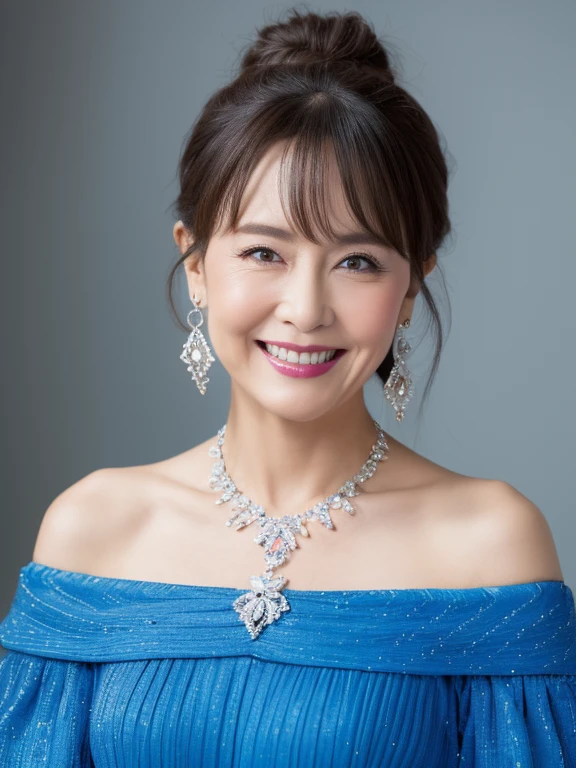 (Solo:1.3),8K, Best quality, Masterpiece, Realistic, Super detail, f/1.2, 85mm, Nikon, Smiling woman with bun hair, Natural makeup, 65 years old beautiful asian woman, young face, blue off-shoulder tops long dress，Cinderella style, Ruffled sleeves, Diamond pendant necklace, Emphasize chest, waist shot,
