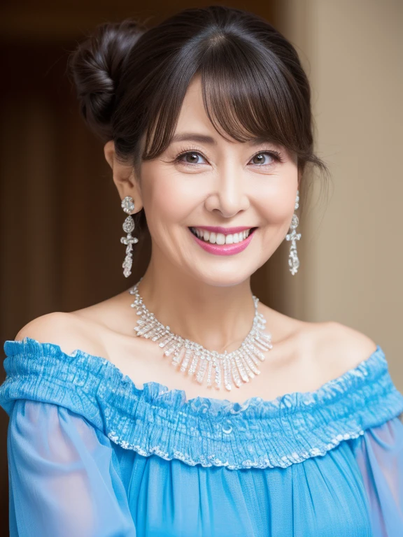 (Solo:1.3),8K, Best quality, Masterpiece, Realistic, Super detail, f/1.2, 85mm, Nikon, Smiling woman with bun hair, Natural makeup, 65 years old beautiful asian woman, young face, blue off-shoulder tops long dress,Cinderella style, Ruffled sleeves, Diamond pendant necklace, Emphasize chest, waist shot,