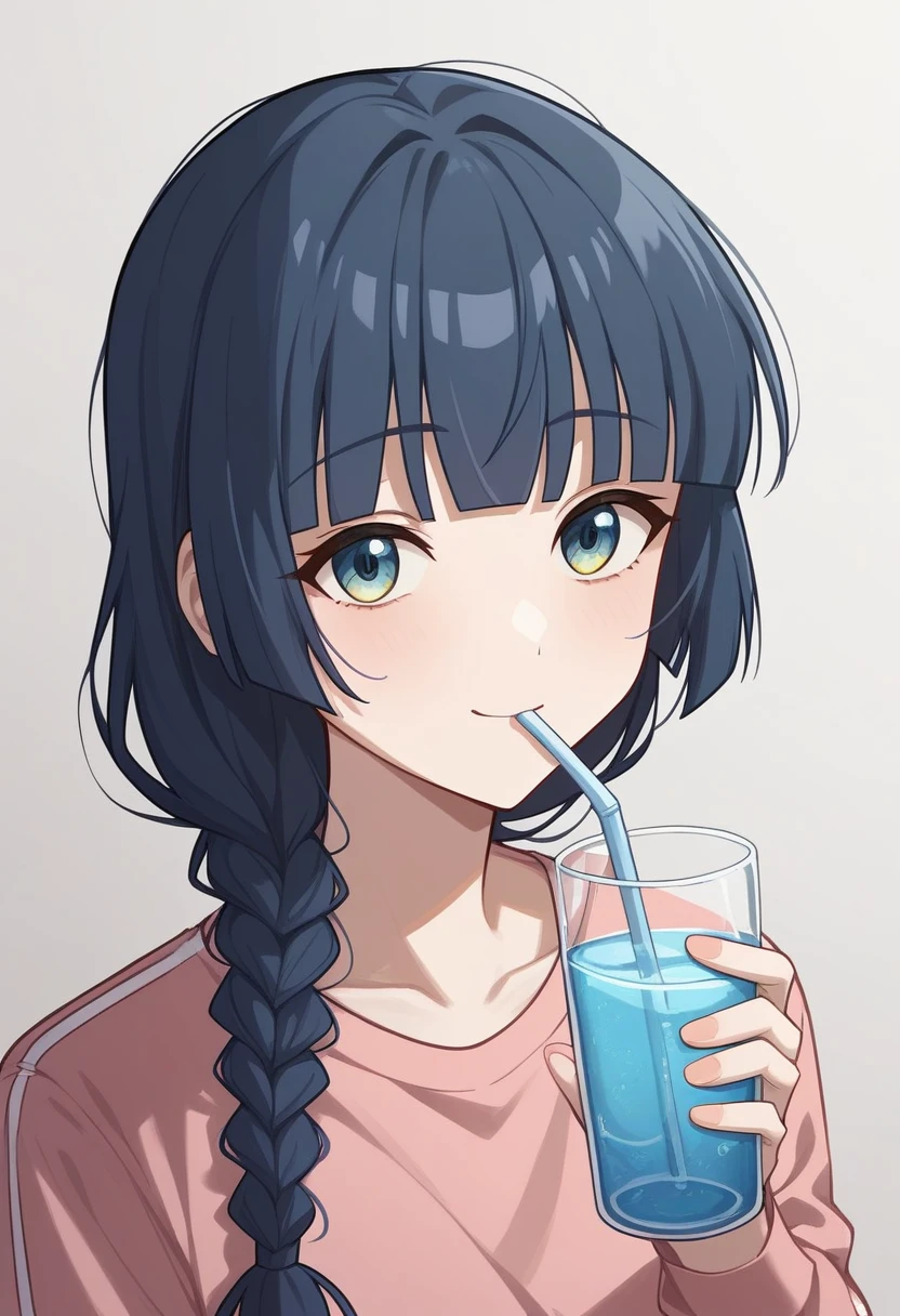 official style, {{hiroi kikuri,bocchi the rock! }}, very aesthetic, best quality, intricate, overall detail, 1 girl,standing, light smile, simple background, facing the front, straight-on, close to viewer, cowboy shot, solo focus,amazing quality, ,curated, illustration, highly detailed,glass,drinking,base case on shoulder,