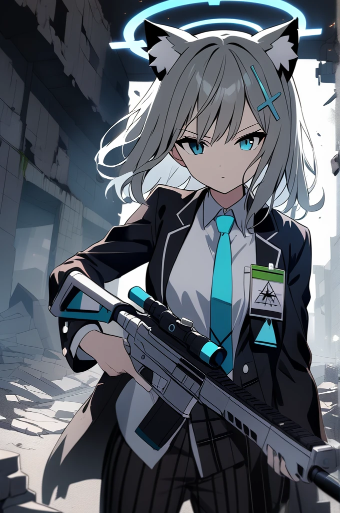 shiroko \(blue archive\),serious face,holding firearm,shooting,at ruins,dark ambience, bright shading,action genre,wolf ears,looking at enemy